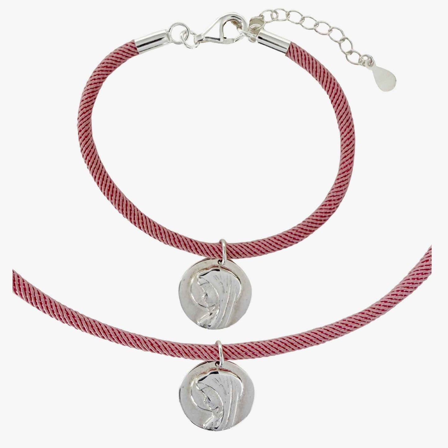 Conjunto Pulsera y Collar Cordón con Medalla Virgen Niña de Plata con cierre personalizable