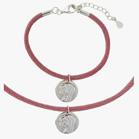 Conjunto Pulsera y Collar Cordón con Medalla Virgen Niña de Plata con cierre personalizable