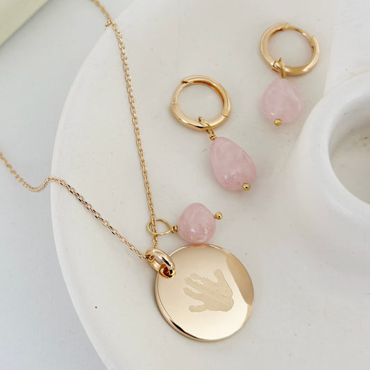 Pack Pendientes Y Collar Personalizado con Huella en Medalla grande con baño de Oro