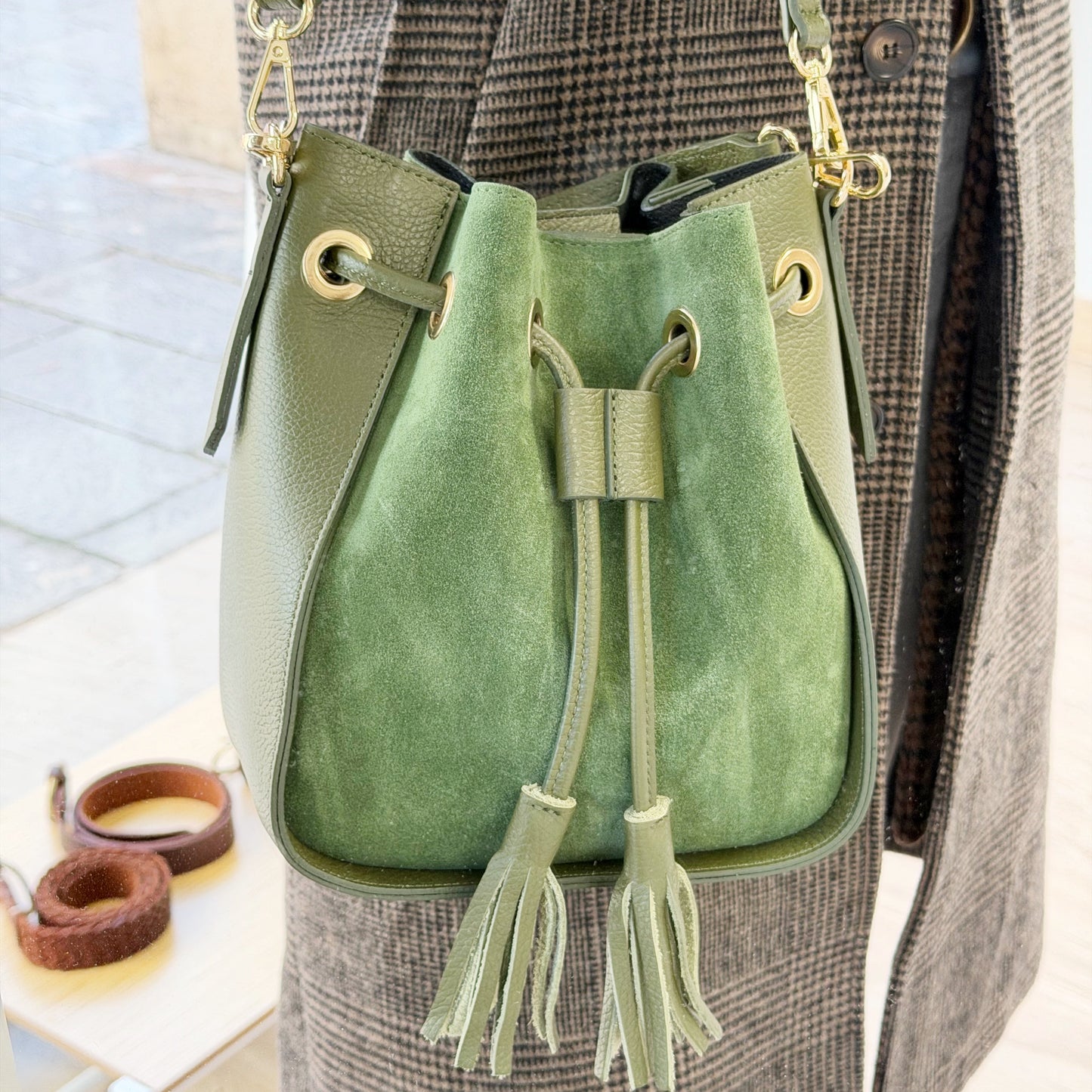 Bolso Bombonera Pequeña Piel y Ante Caqui