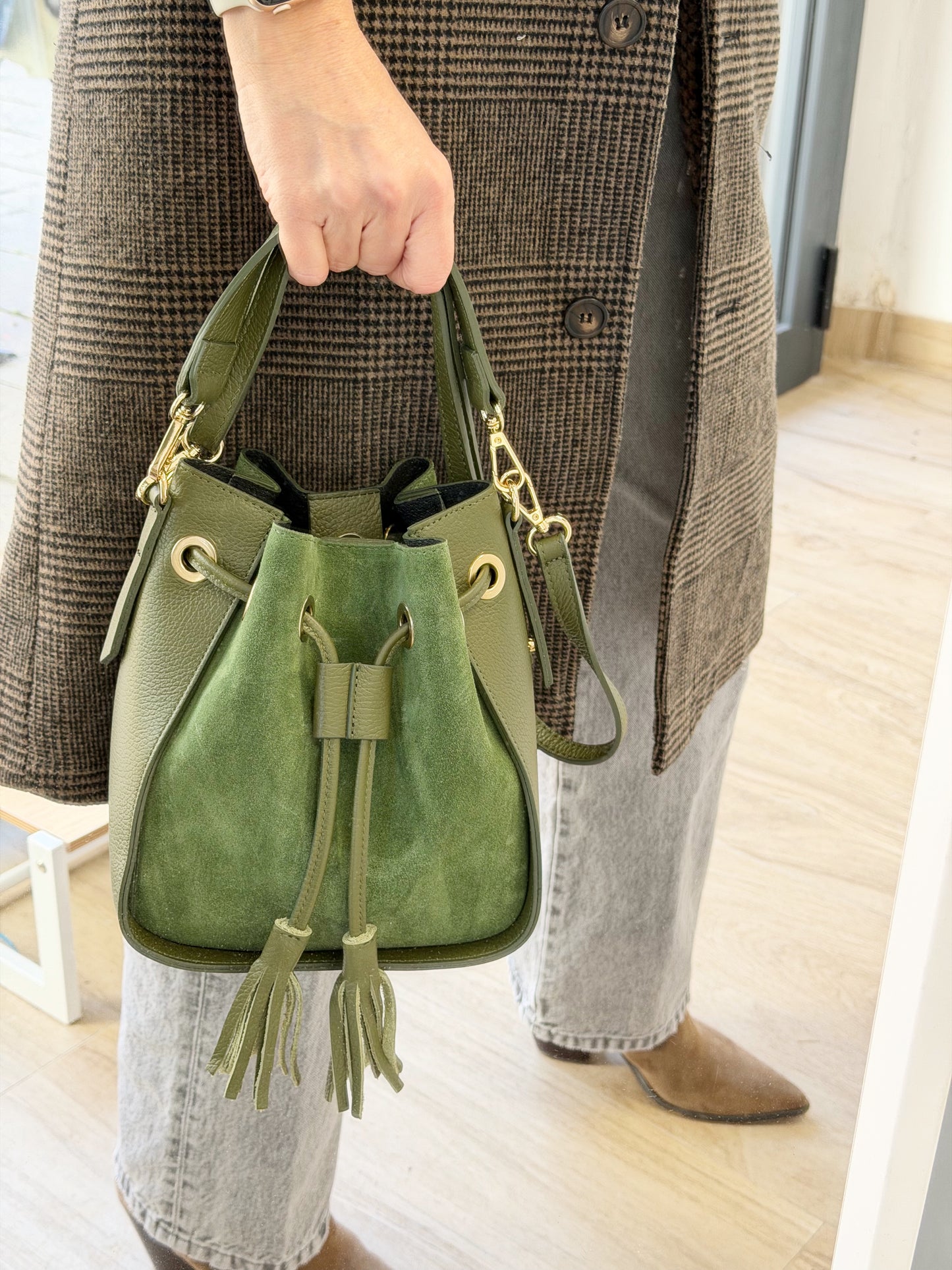 Bolso Bombonera Pequeña Piel y Ante Caqui