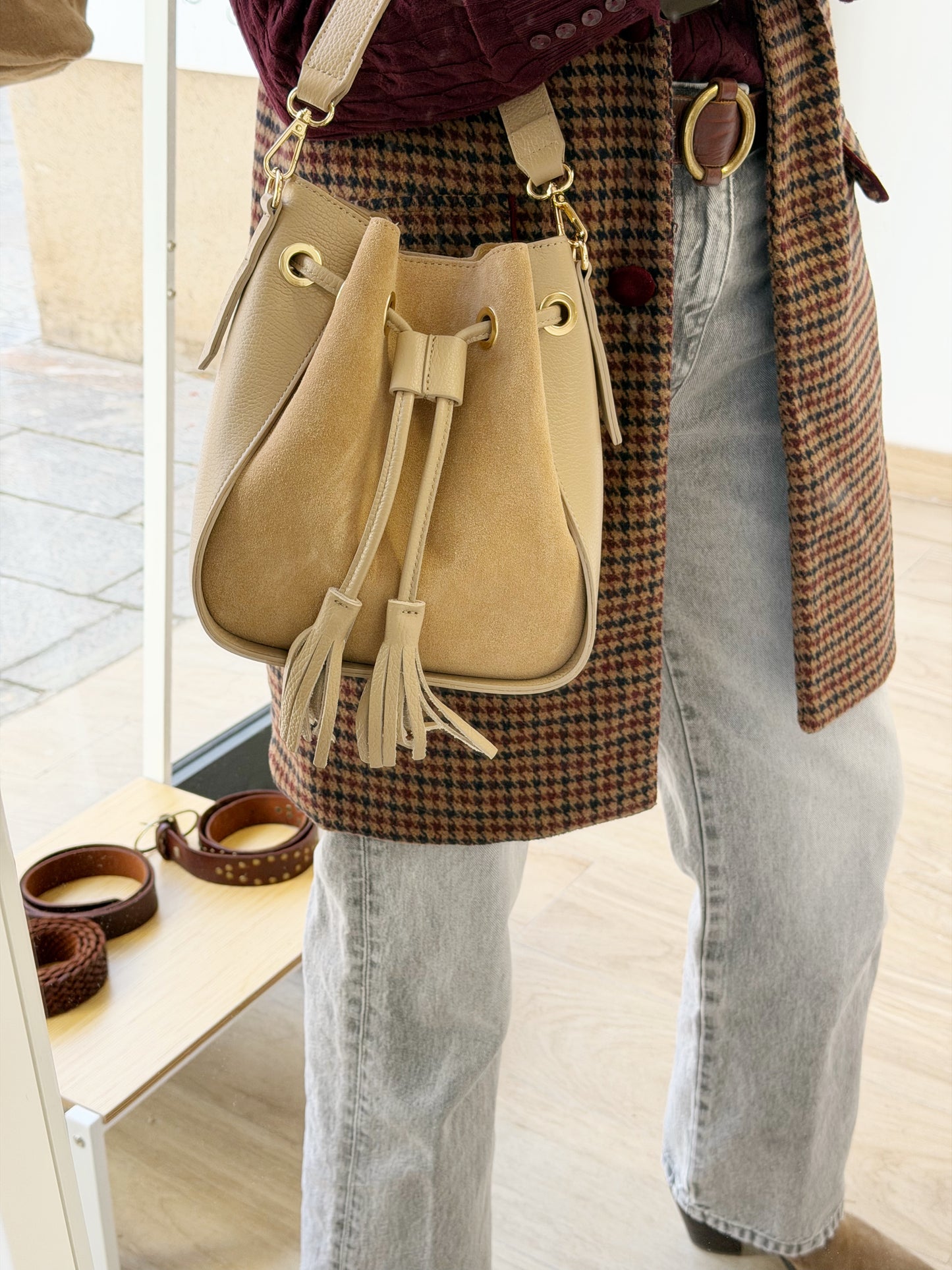 Bolso Bombonera Pequeña Piel y Ante Topo