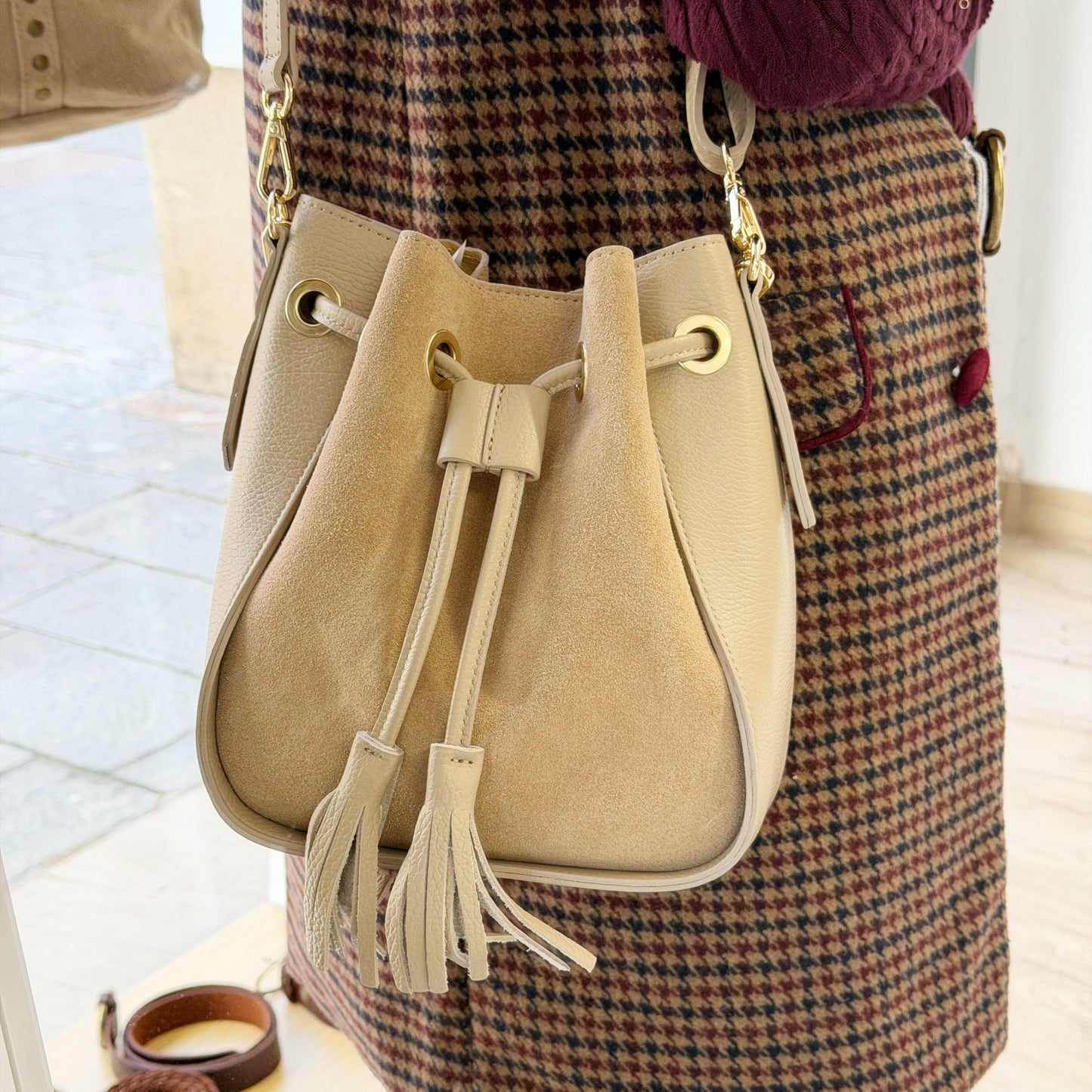 Bolso Bombonera Pequeña Piel y Ante Topo