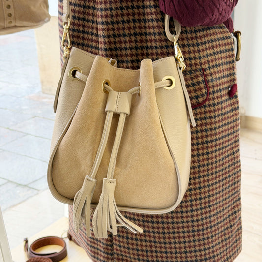 Bolso Bombonera Pequeña Piel y Ante Topo