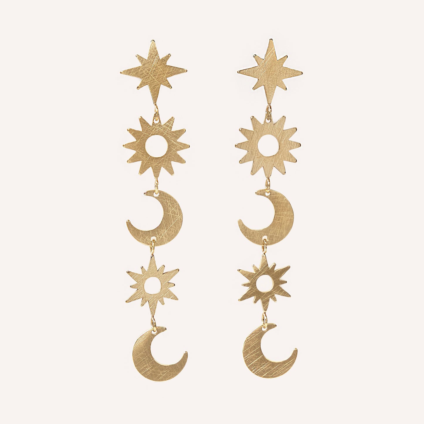 Pendientes Largos Luna Sol Estrella Destello con Baño de Oro