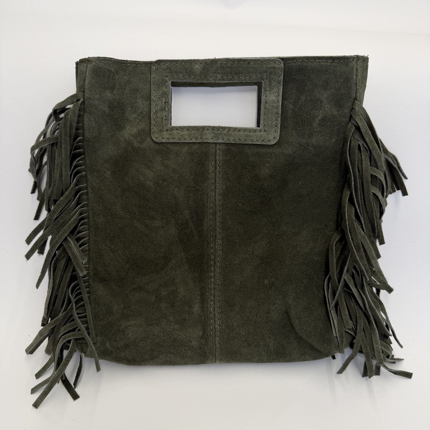 Bolso Cuadrado Serraje Verde Oscuro con Flecos