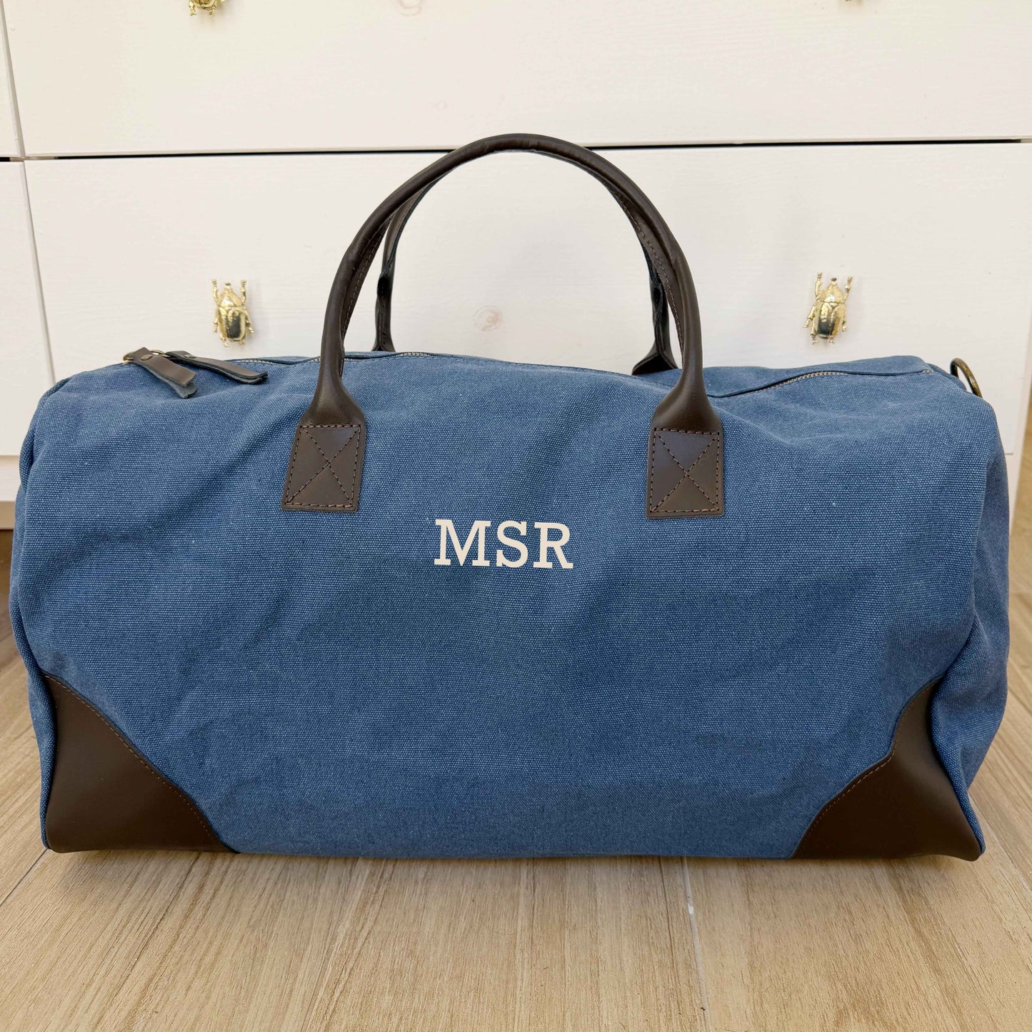 Bolsa de Fin de Semana Weekend Bag de Lona Azul y Piel