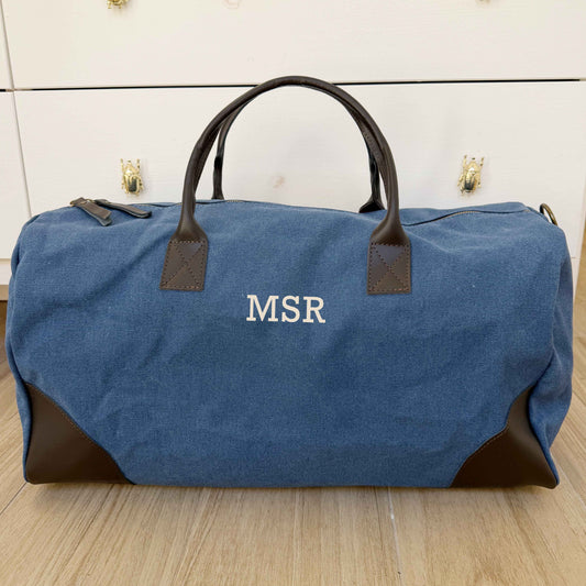 Bolsa de Fin de Semana Weekend Bag de Lona Azul y Piel