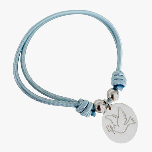 Pulsera elástica nudos con Paloma de la Paz de plata para Niña Azul Claro