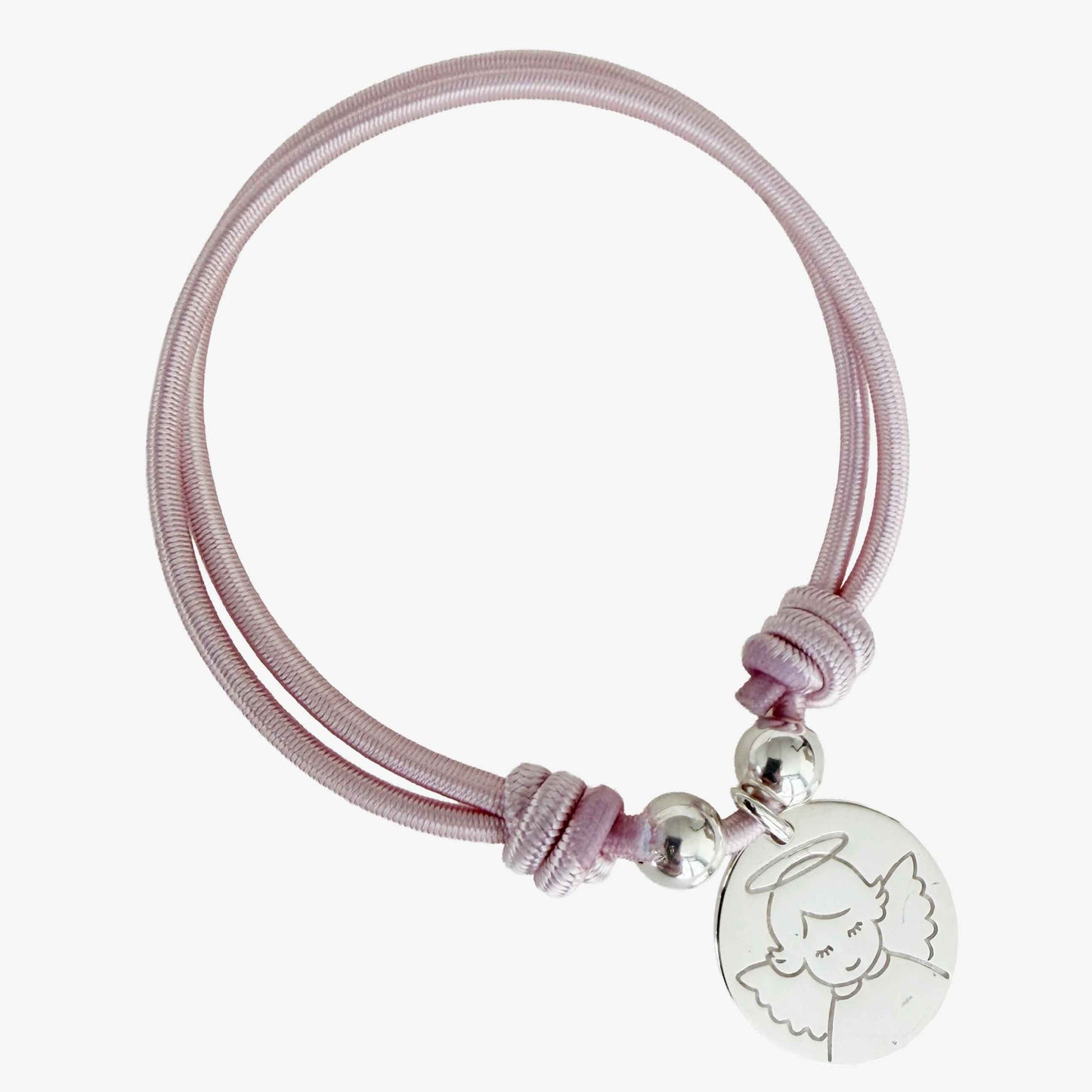 Pulsera elástica nudos con Ángel de la Guarda de plata para Niña Rosa Claro