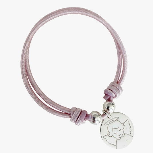 Pulsera elástica nudos con Ángel de la Guarda de plata para Niña Rosa Claro