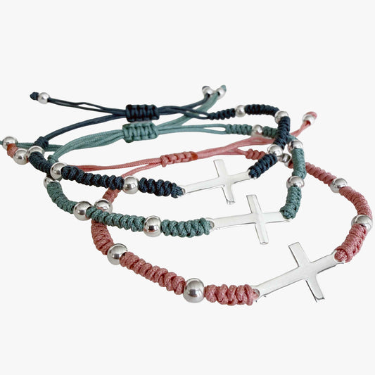 Pulsera Cruz de Plata y Nudos para Niña (Varios Colores)