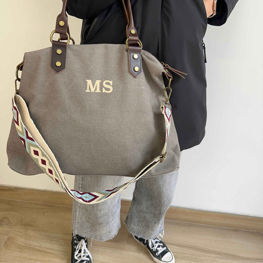 Bolso de Lona Gris y Piel Personalizado con Iniciales