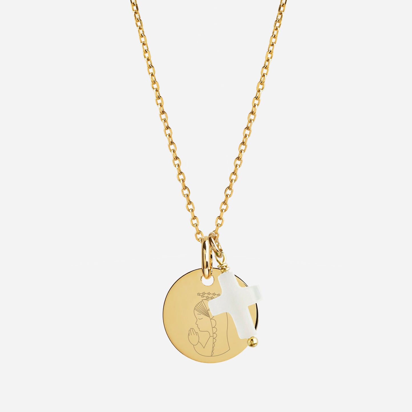 Collar con Medalla con Baño de Oro con Virgen Niña y Cruz de Nácar personalizable