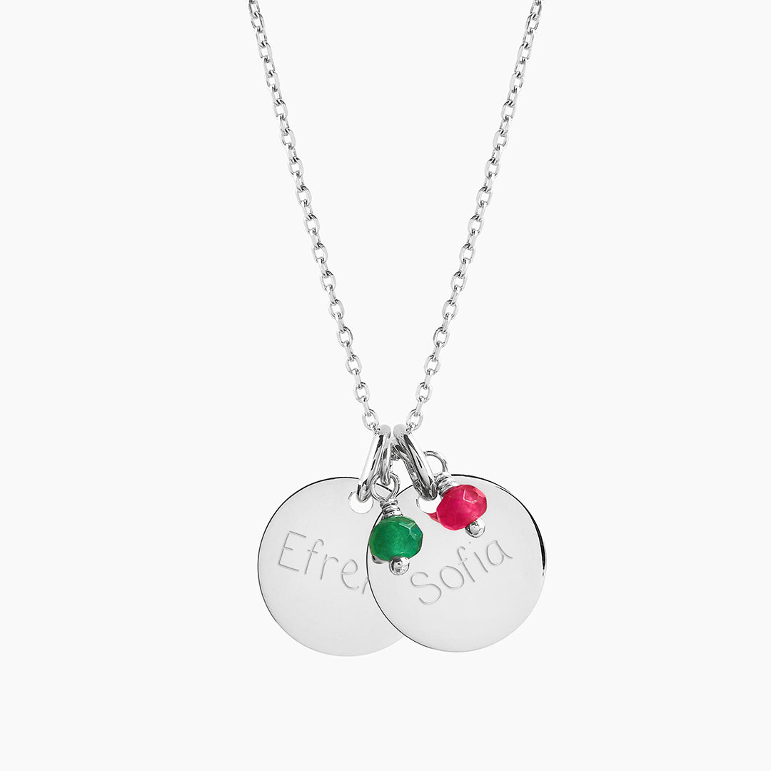 Collar Personalizado con 2 Medallas Medianas de Plata grabadas y Piedras