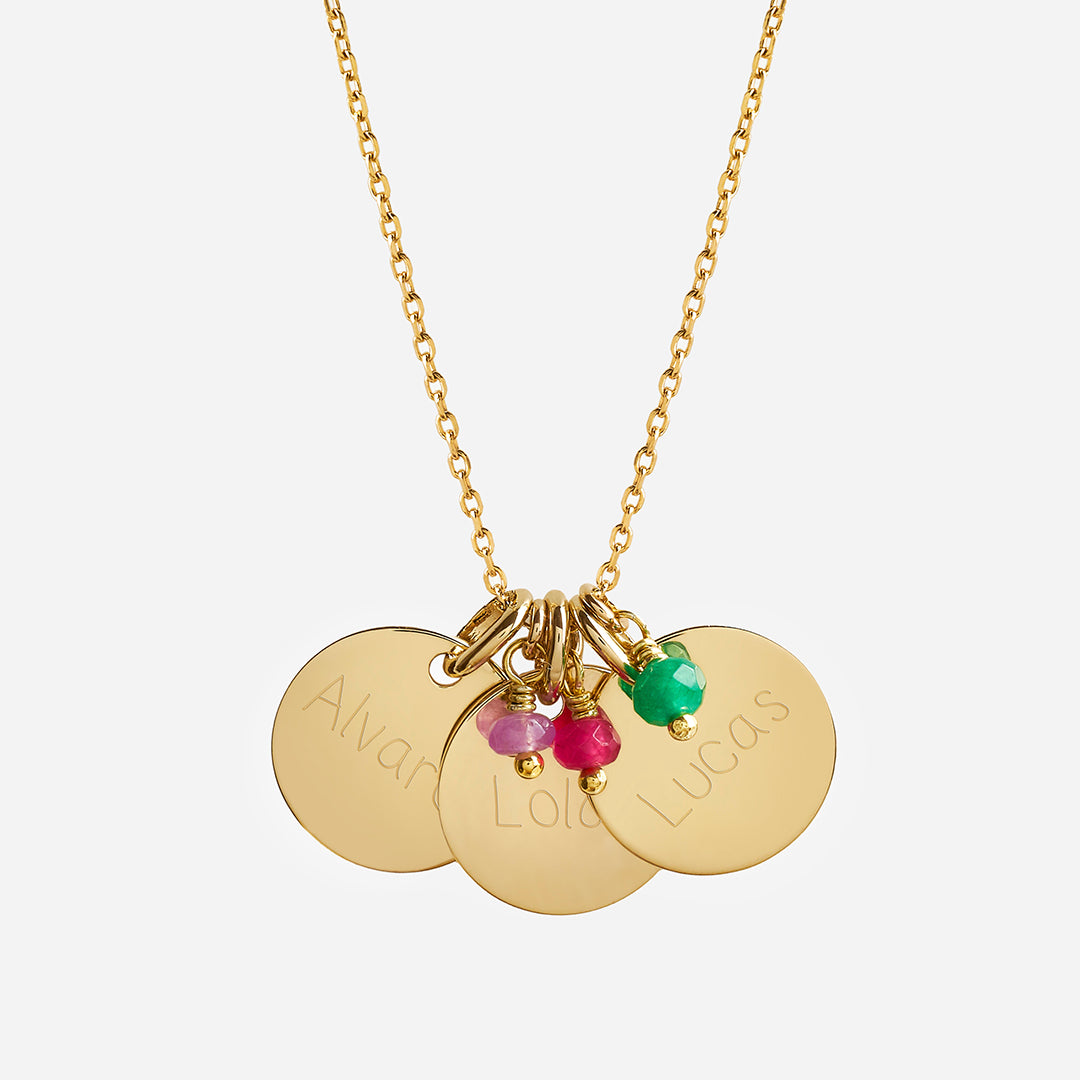 Collar Personalizado con tres Medallas Medianas con baño de Oro grabadas y Piedras