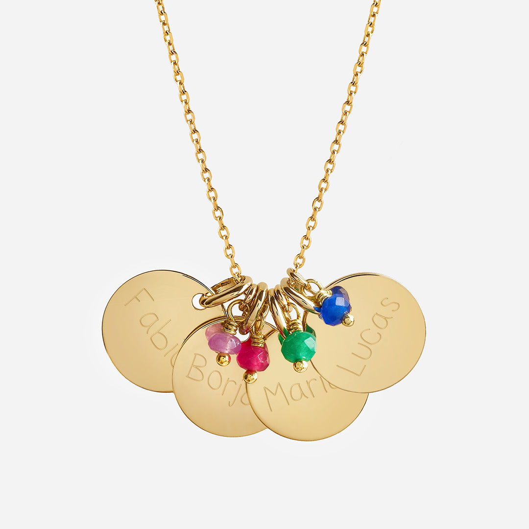 Collar Personalizado con cuatro Medallas Medianas con baño de Oro grabadas y Piedras