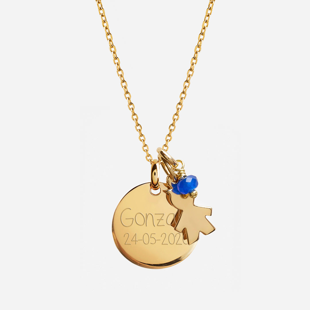 Collar Personalizado con Medalla grande grabada y Medalla Niño con baño de Oro Y Piedra