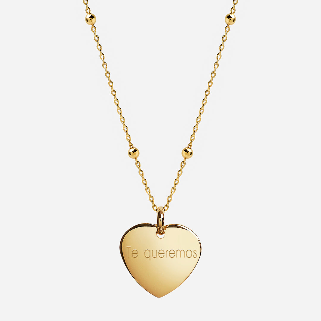 Collar Bolitas Personalizado con Corazón grande grabado con baño de Oro