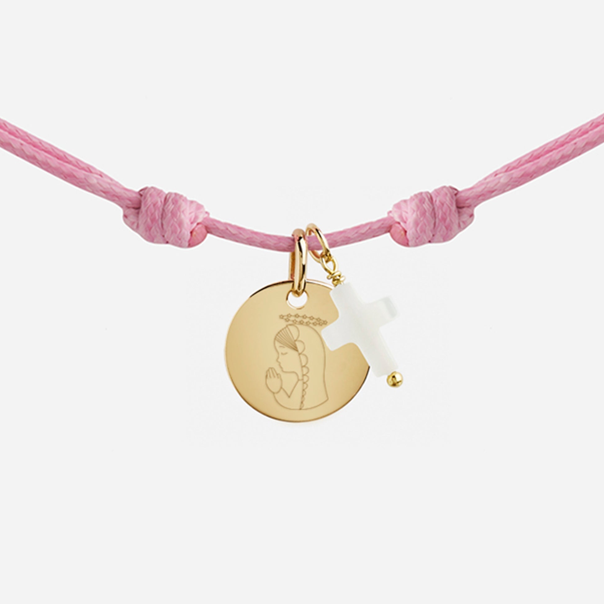 Collar Cordón con Medalla con Baño de Oro con Virgen Niña y Cruz de Nácar personalizable