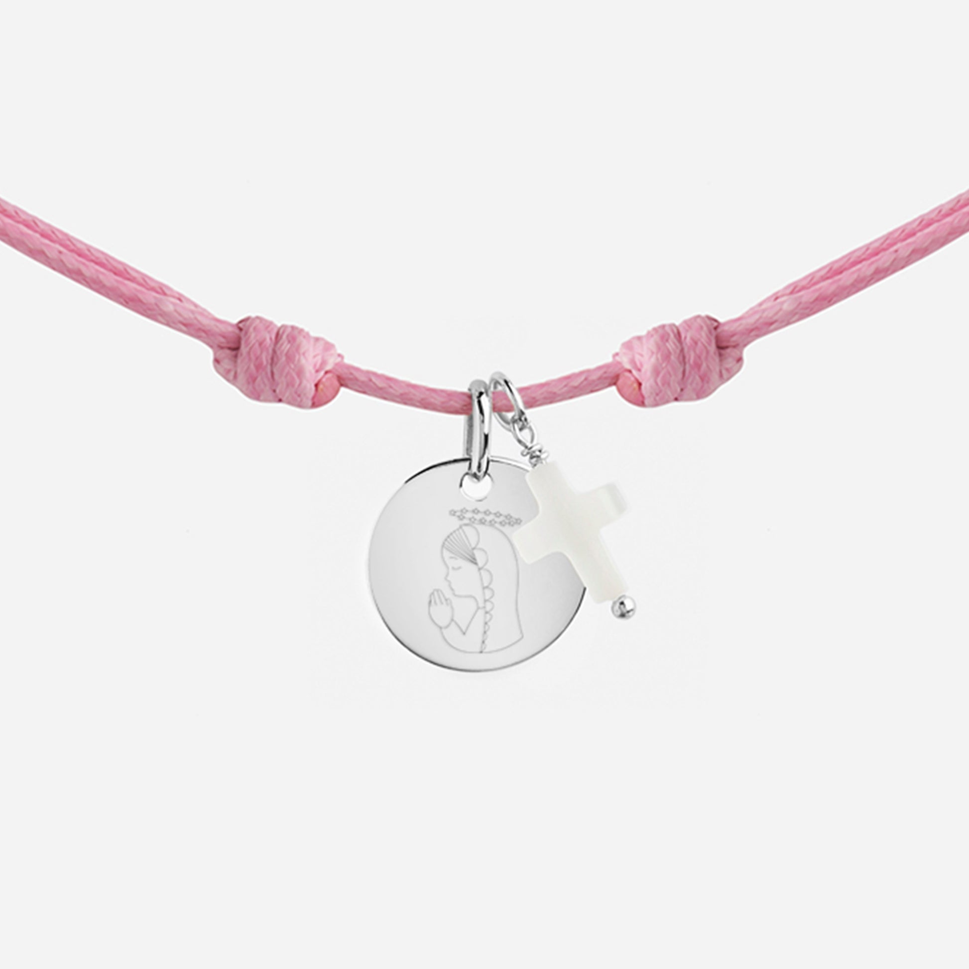 Collar Cordón con Medalla de Plata con Virgen Niña y Cruz de Nácar personalizable