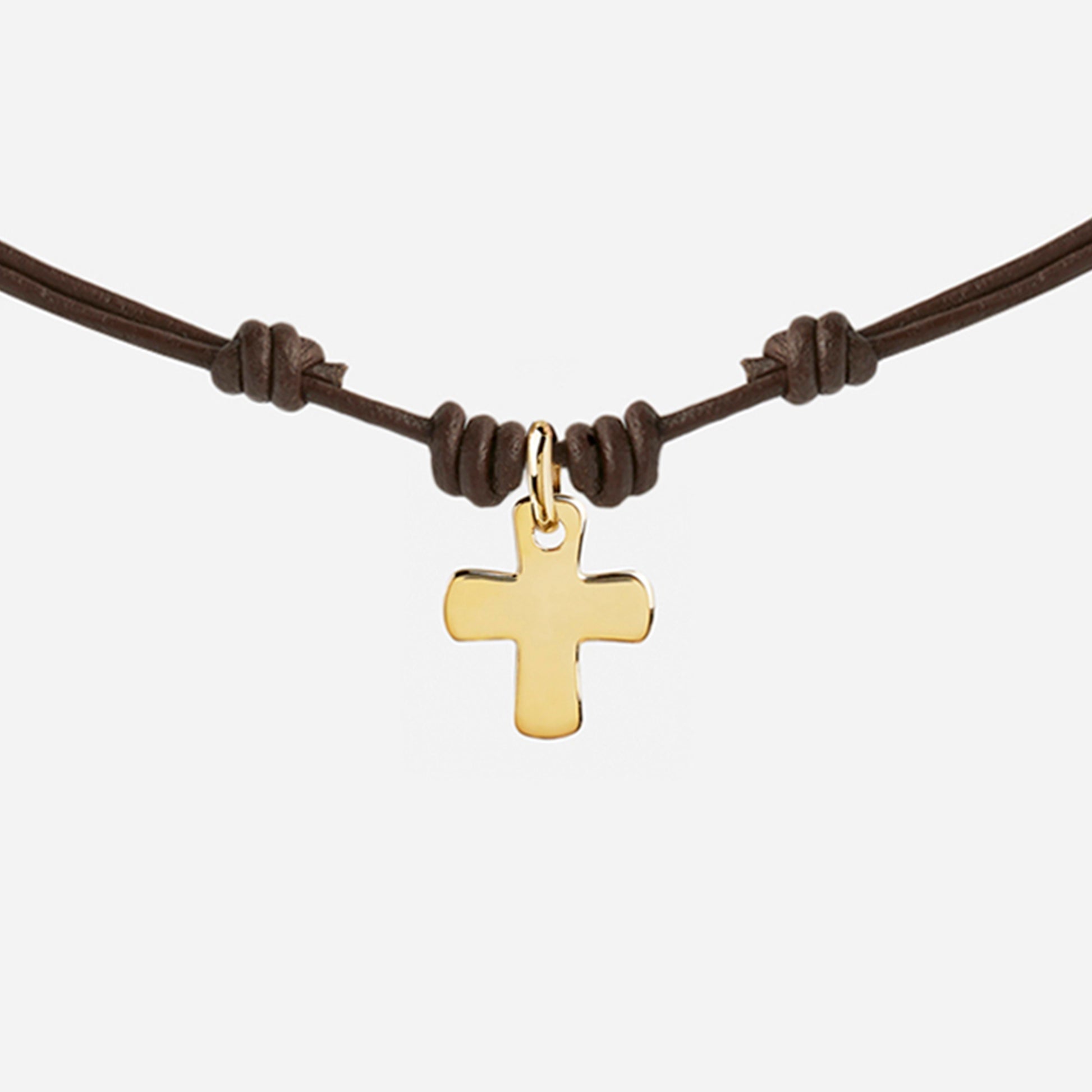 Collar de Cuero con Cruz con Baño de Oro para Niña o Niño personalizable