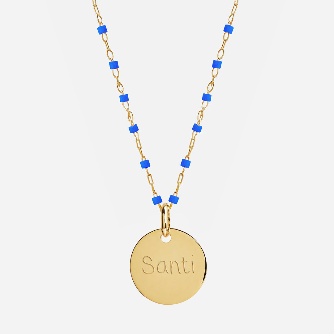 Collar Personalizado con Medalla Mediana y Cadena de Bolitas Azules con Baño de Oro
