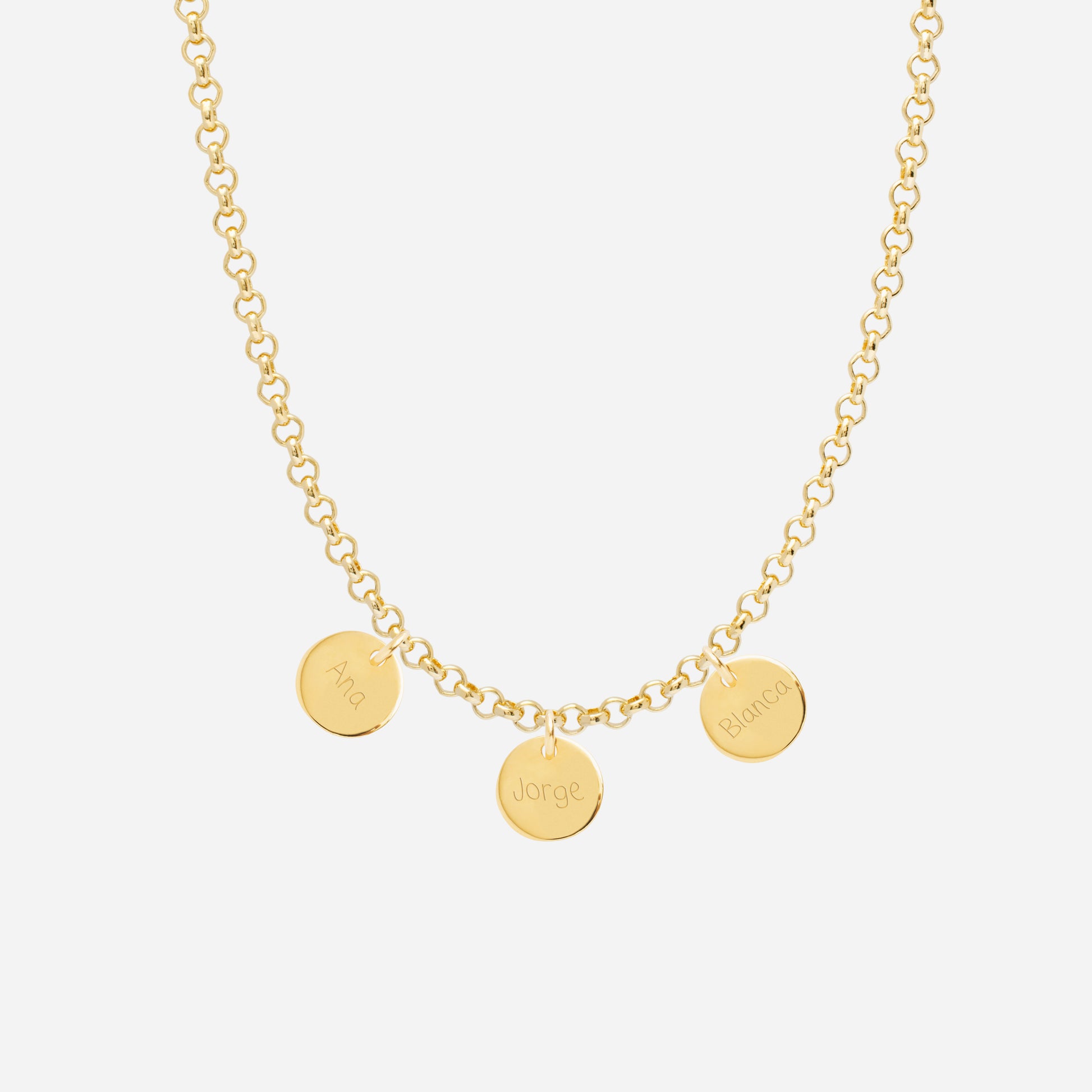 Collar Personalizado con Cadena Rolo con Baño de oro y tres medallas