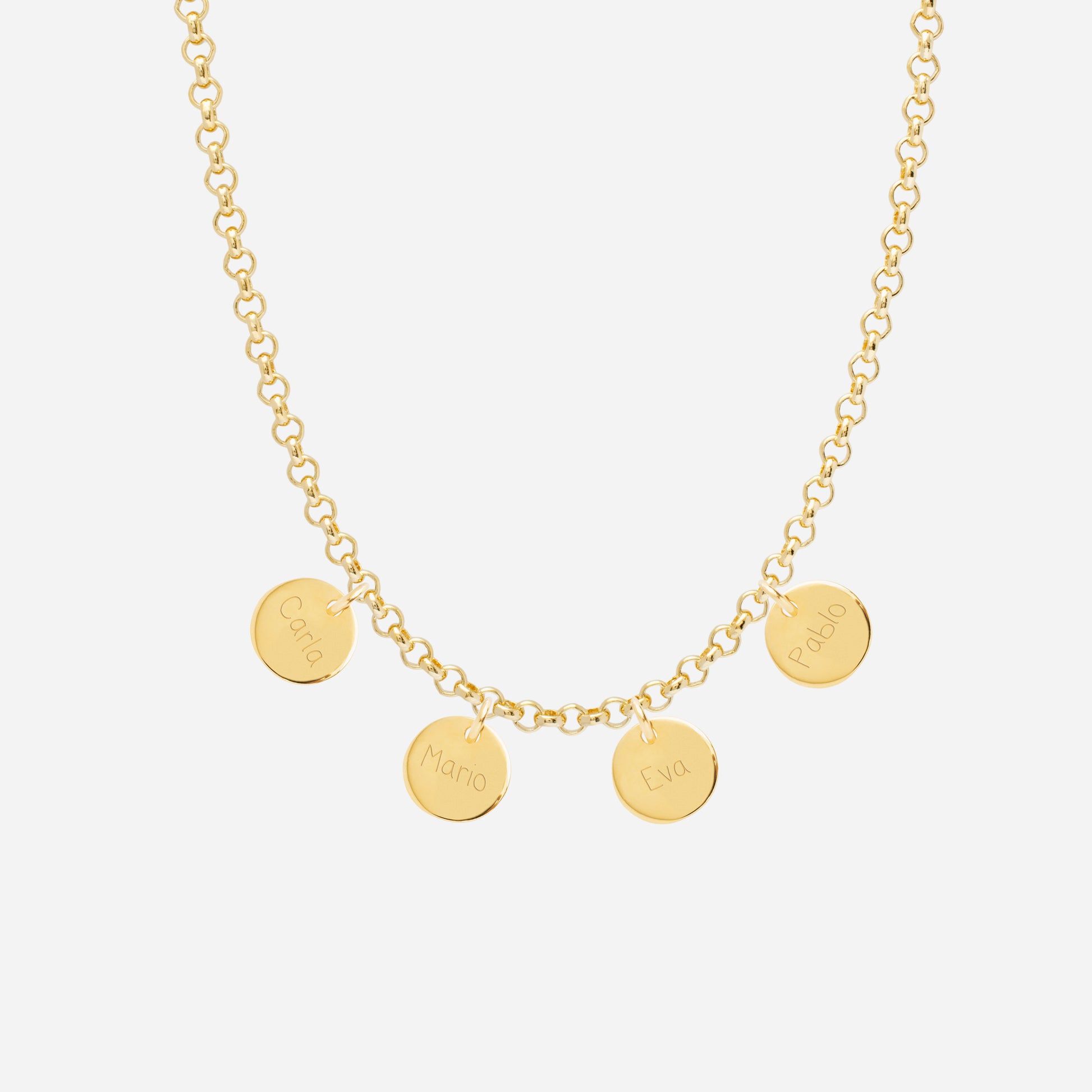 Collar Personalizado con Cadena Rolo con Baño de oro y cuatro medallas