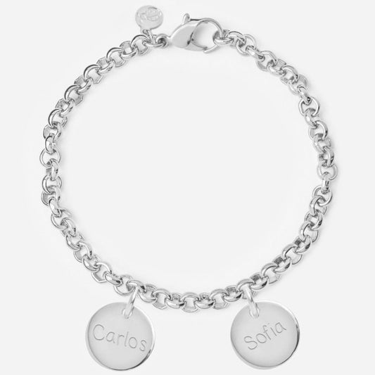 Pulsera Personalizada con Cadena Rolo de Plata con dos medallas