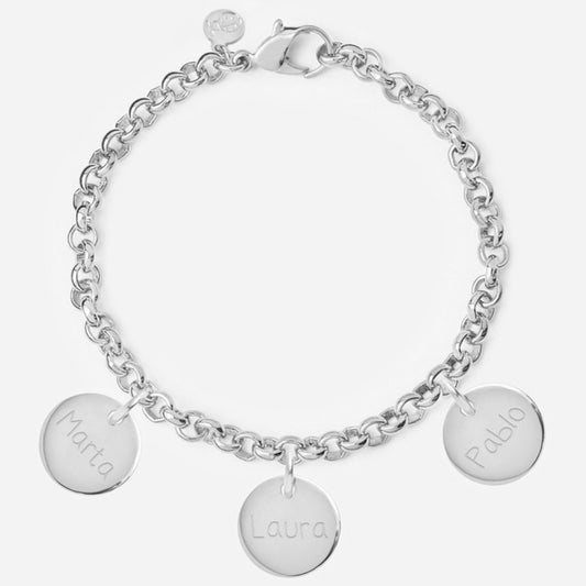 Pulsera Personalizada con Cadena Rolo de Plata con tres medallas