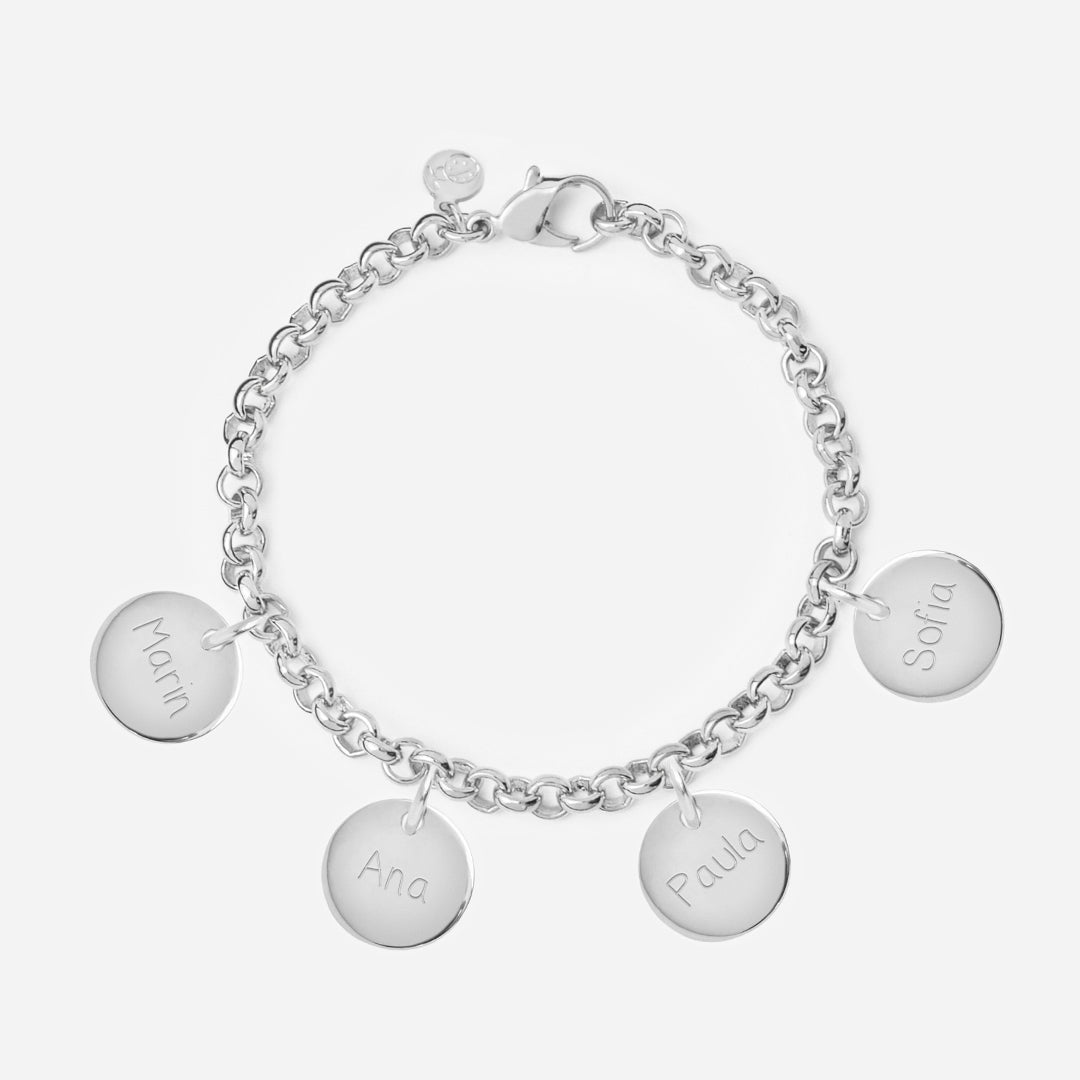 Pulsera Personalizada con Cadena Rolo de Plata con cuatro medallas