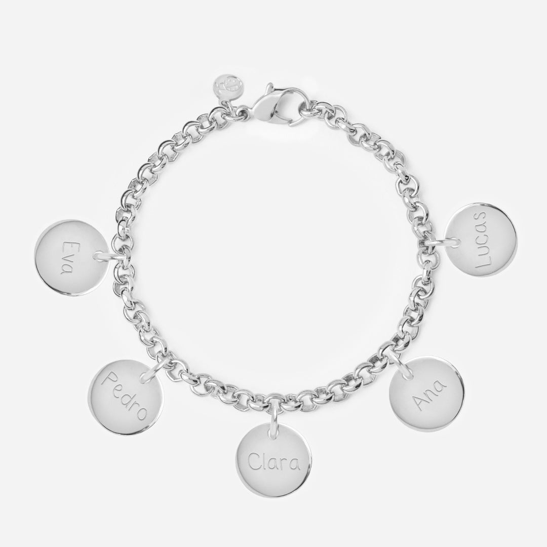 Pulsera Personalizada con Cadena Rolo de Plata con cinco medallas