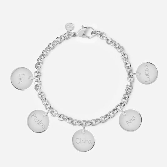 Pulsera Personalizada con Cadena Rolo de Plata con cinco medallas