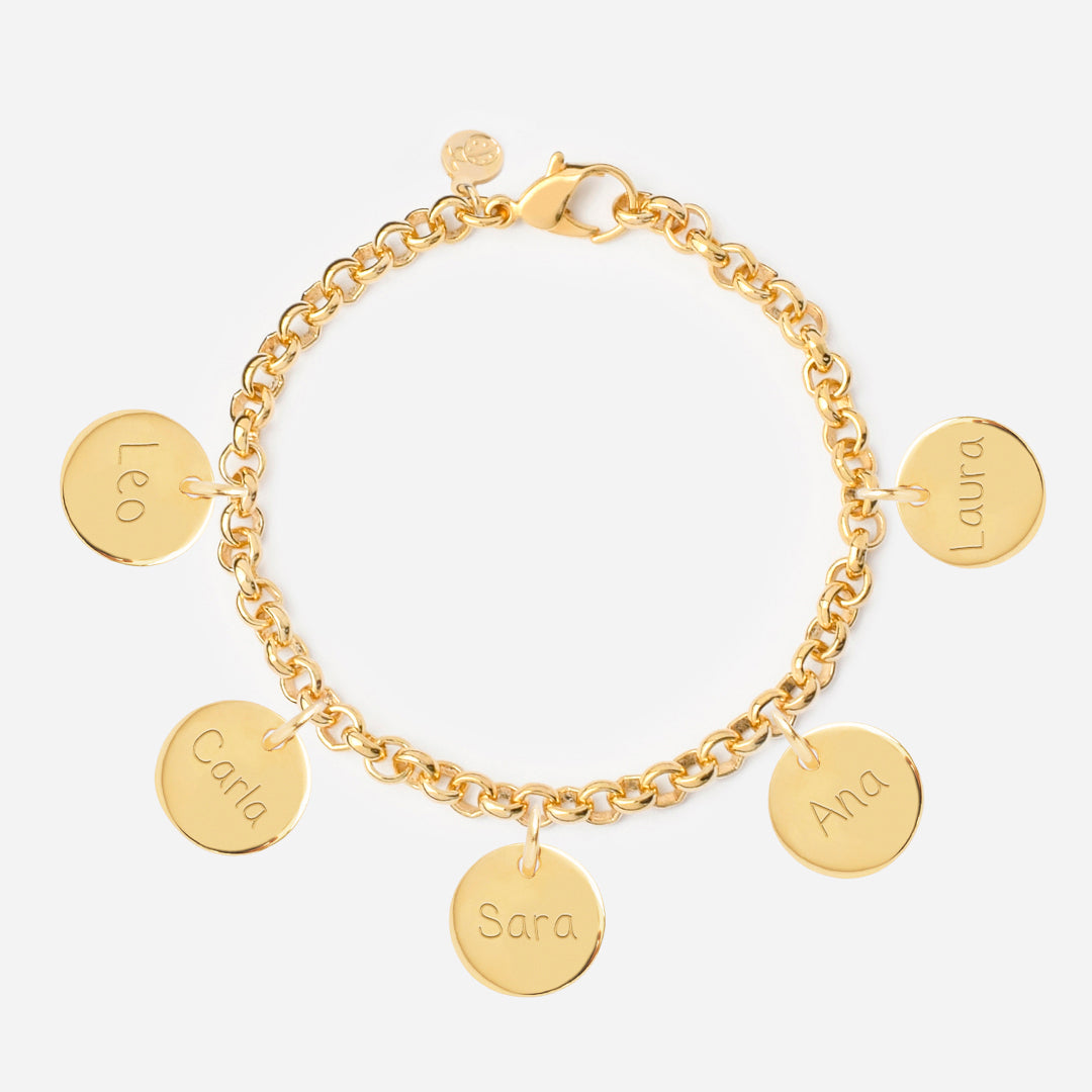 Pulsera Personalizada con Cadena Rolo con Baño de oro y cinco medallas