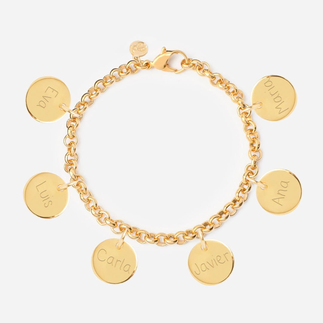 Pulsera Personalizada con Cadena Rolo con Baño de oro y seis medallas