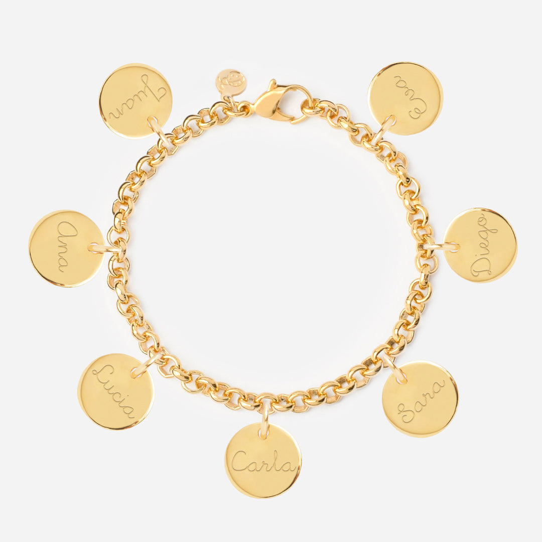Pulsera Personalizada con Cadena Rolo con Baño de oro y siete medallas