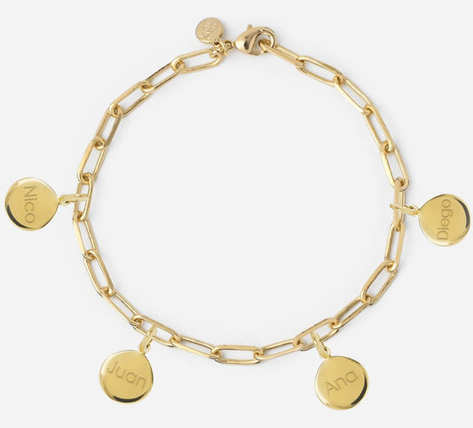 Pulsera Personalizada con Cadena Alargada con Baño de oro y cuatro medallas