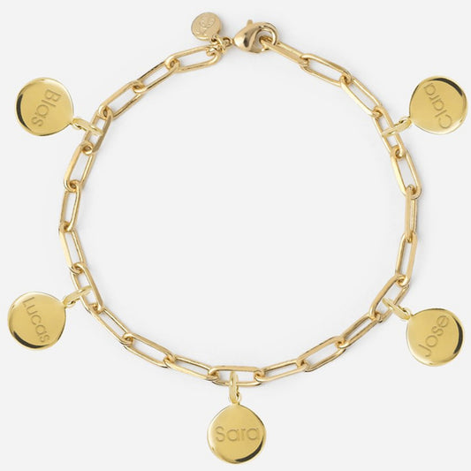 Pulsera Personalizada con Cadena Alargada con Baño de oro y cinco medallas