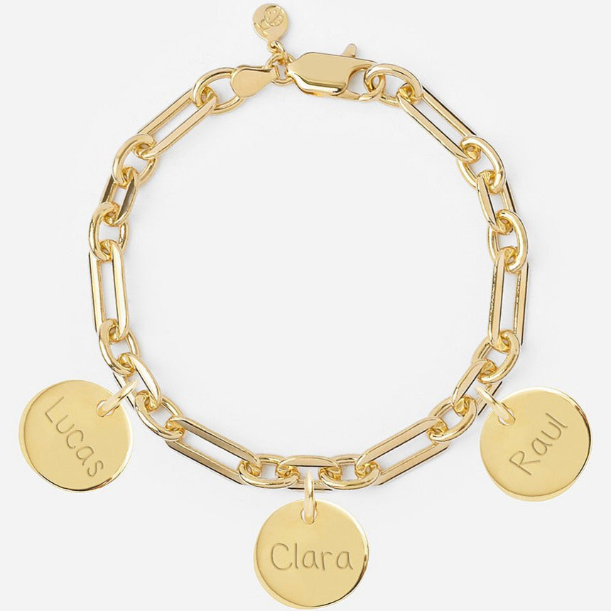 Pulsera Personalizada con Cadena Alternada con Baño de oro y tres medallas