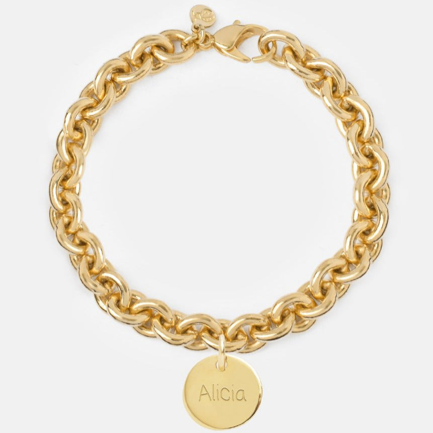 Pulsera Personalizada con Cadena de Eslabón Grueso con Baño de oro y una medalla