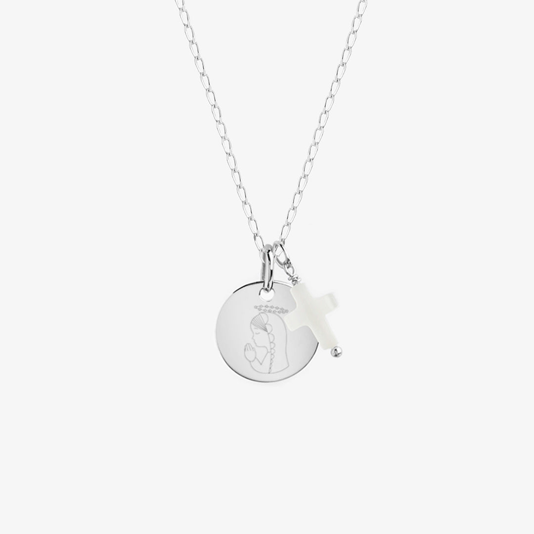 Collar Personalizado de Plata con Cadena Bilbao, Medalla Virgen Niña y Cruz de Nácar