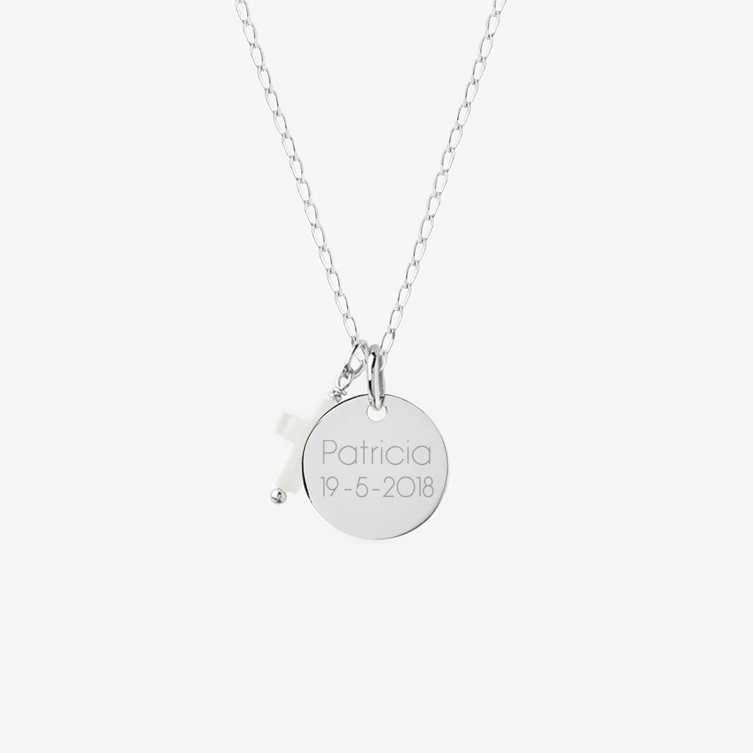 Collar Personalizado de Plata con Cadena Bilbao, Medalla Virgen Niña y Cruz de Nácar