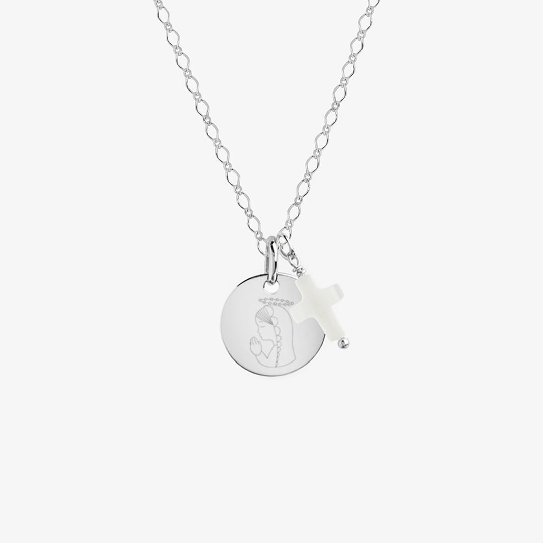 Collar Personalizado de Plata con Cadena Rombos, Medalla Virgen Niña y Cruz de Nácar