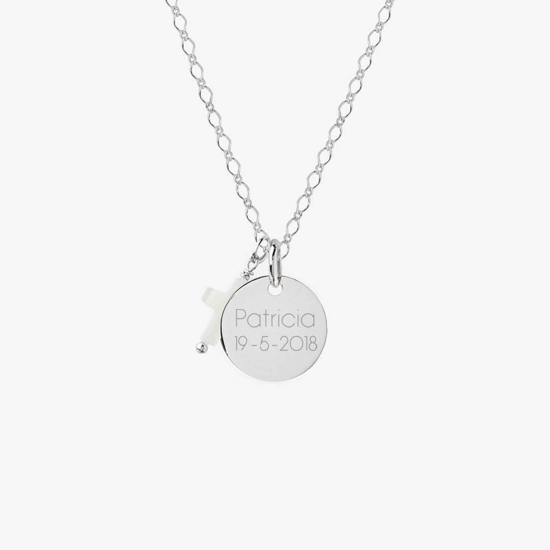 Collar Personalizado de Plata con Cadena Rombos, Medalla Virgen Niña y Cruz de Nácar