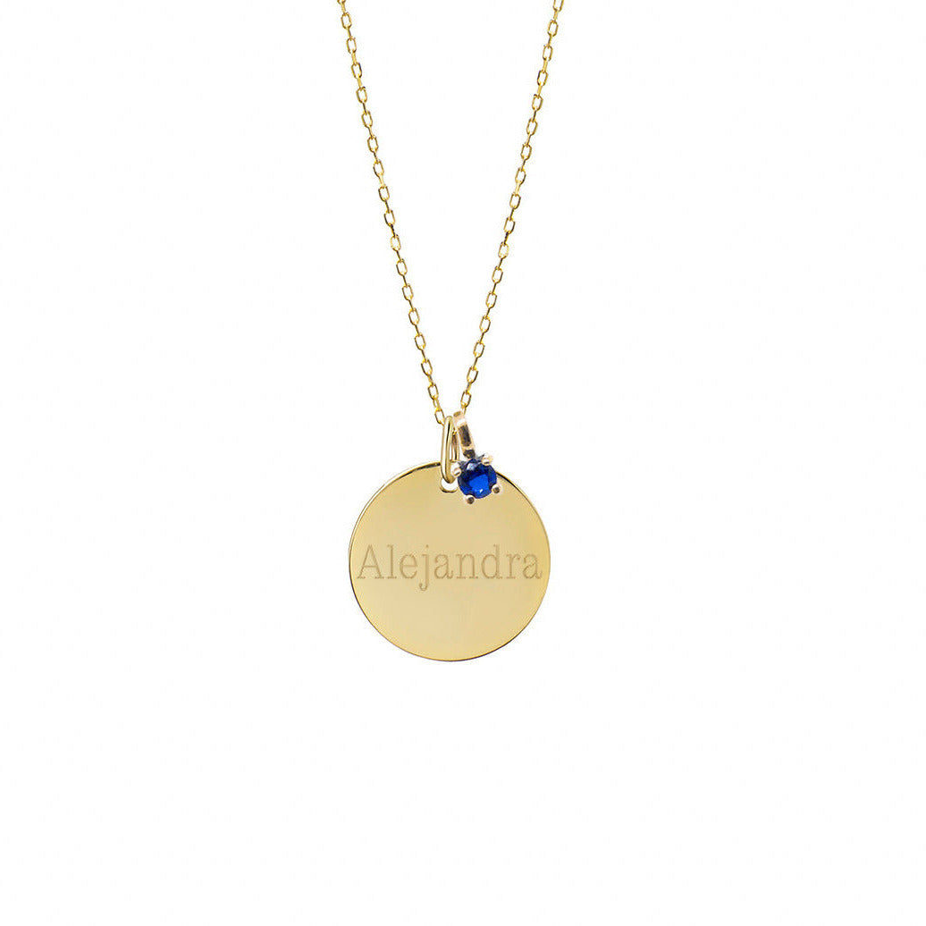 Collar Personalizado de Oro con Grabado en Medalla Grande Y Circonita de Color