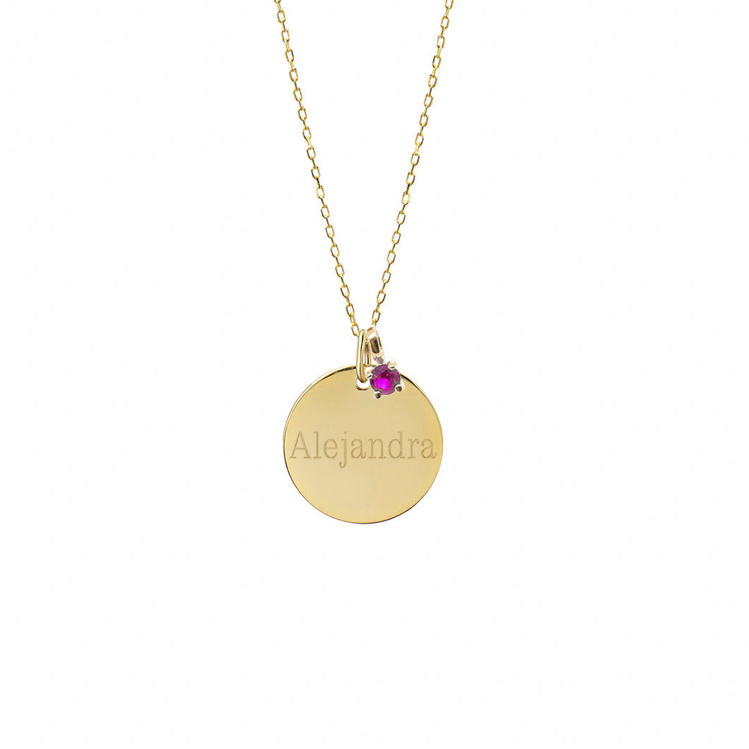 Collar Personalizado de Oro con Grabado en Medalla Grande Y Circonita de Color