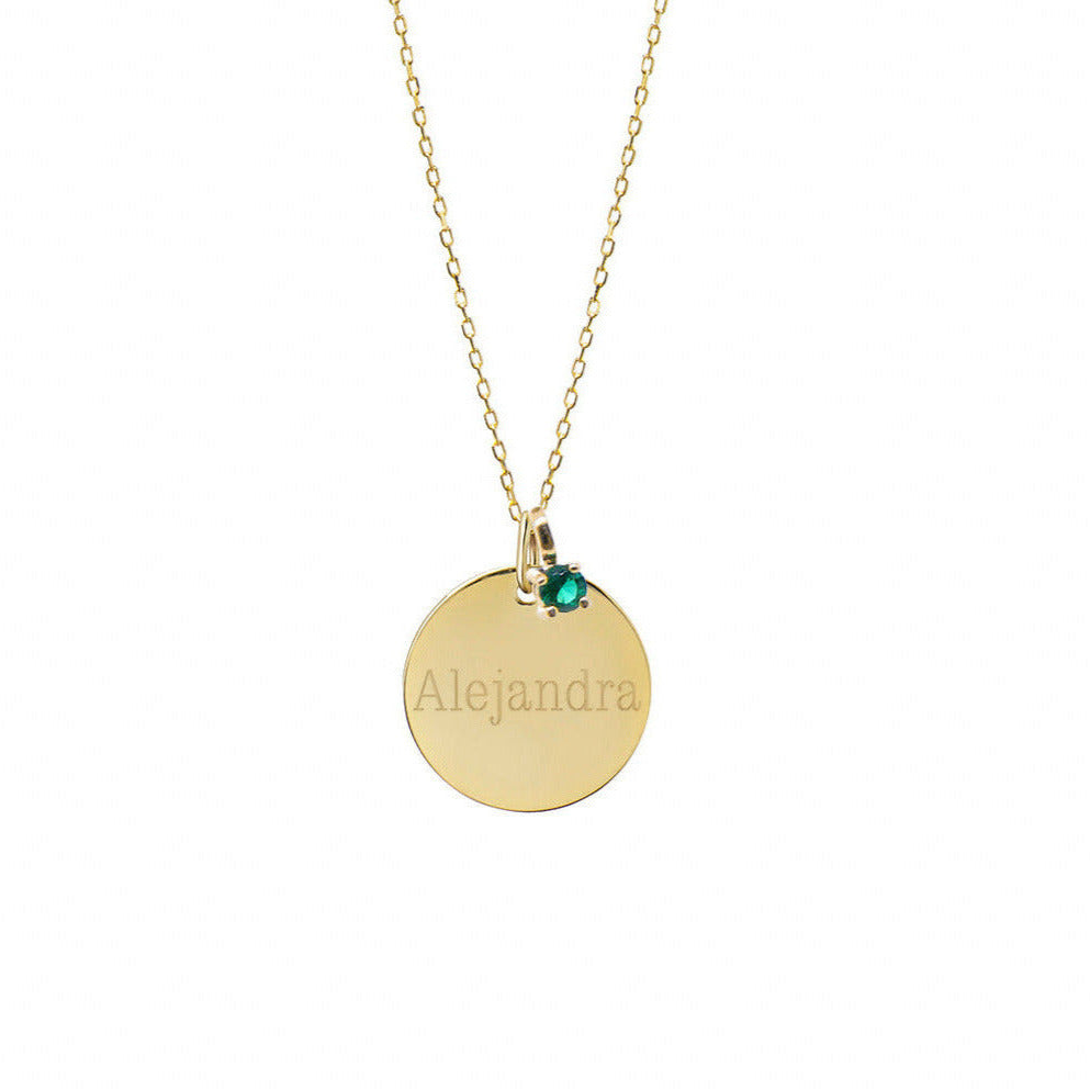 Collar Personalizado de Oro con Grabado en Medalla Grande Y Circonita de Color