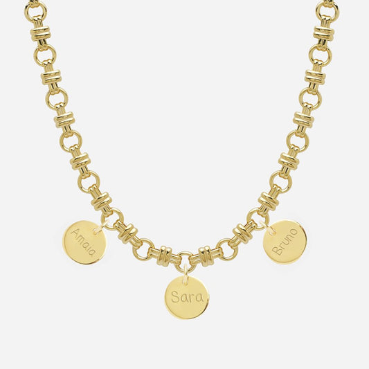 Collar Personalizado con Cadena de Eslabón Combinado con Baño de oro y tres medallas