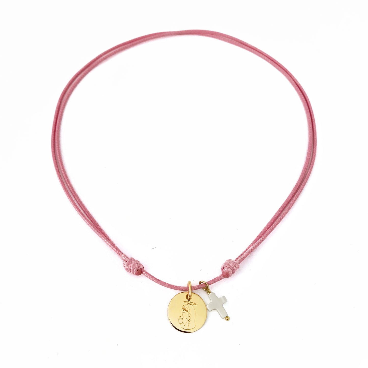 Collar Cordón con Medalla con Baño de Oro con Virgen Niña y Cruz de Nácar personalizable